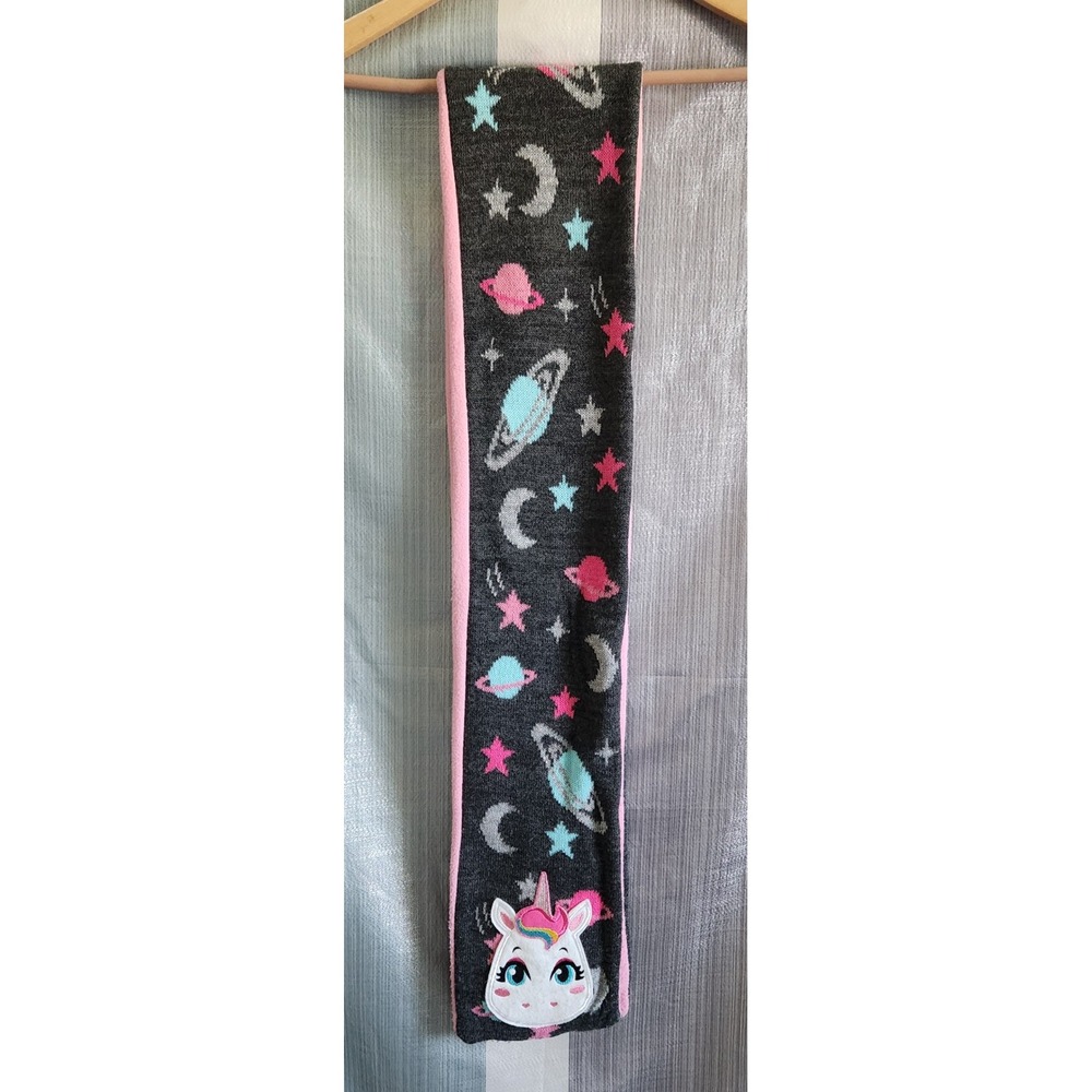 Puket Gray Pink Celestial Space Unicorn Knit Fleece Lined Winter Scarf Whimsical